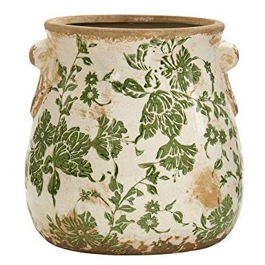 Nearly Natural 6.5in Ceramic Decorative Vase, Tuscan Style Green Floral Scroll Design for Indoor Home Shelf Table Decor