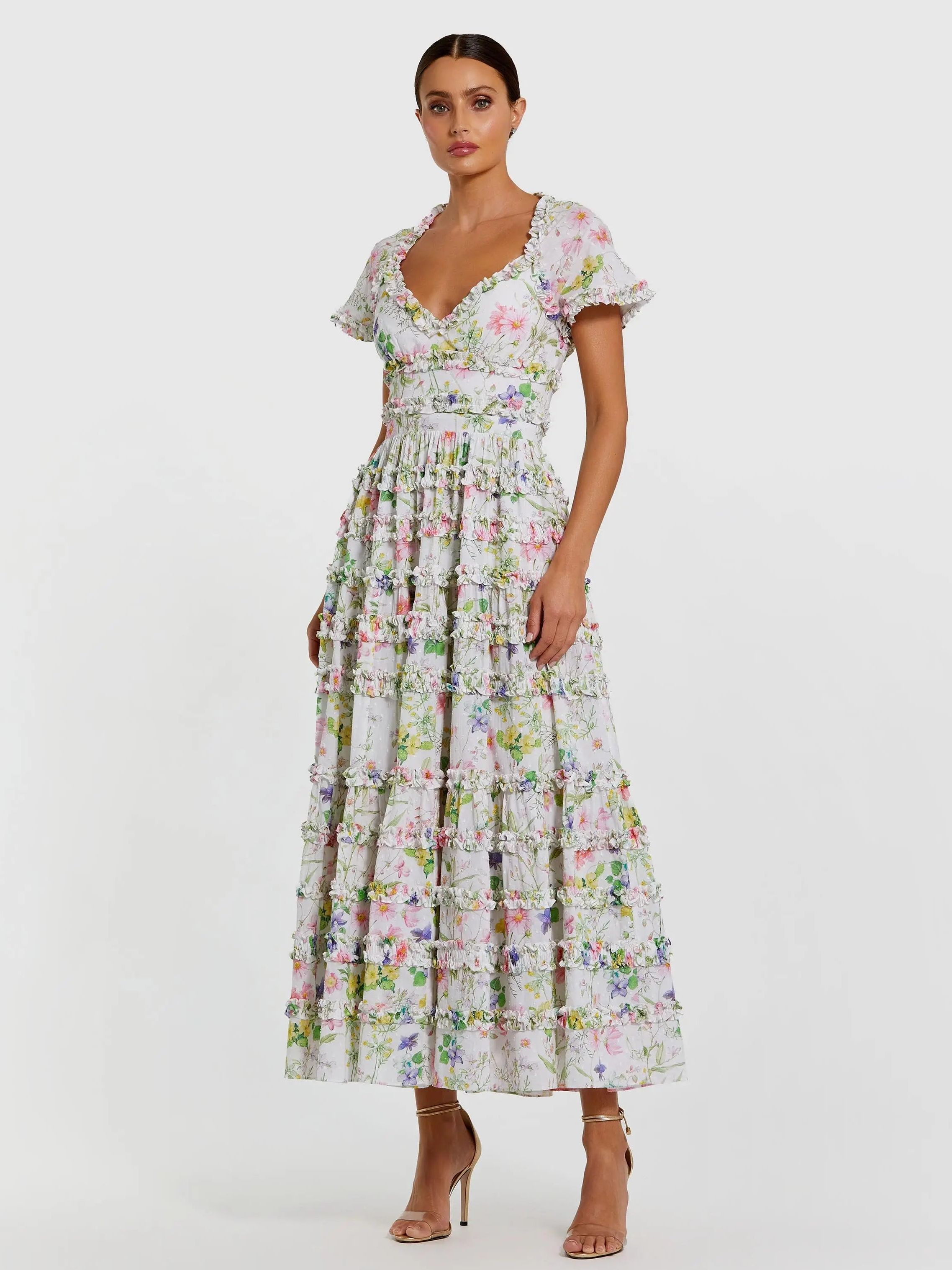 White Floral Ruffle Cotton Midi Dress
