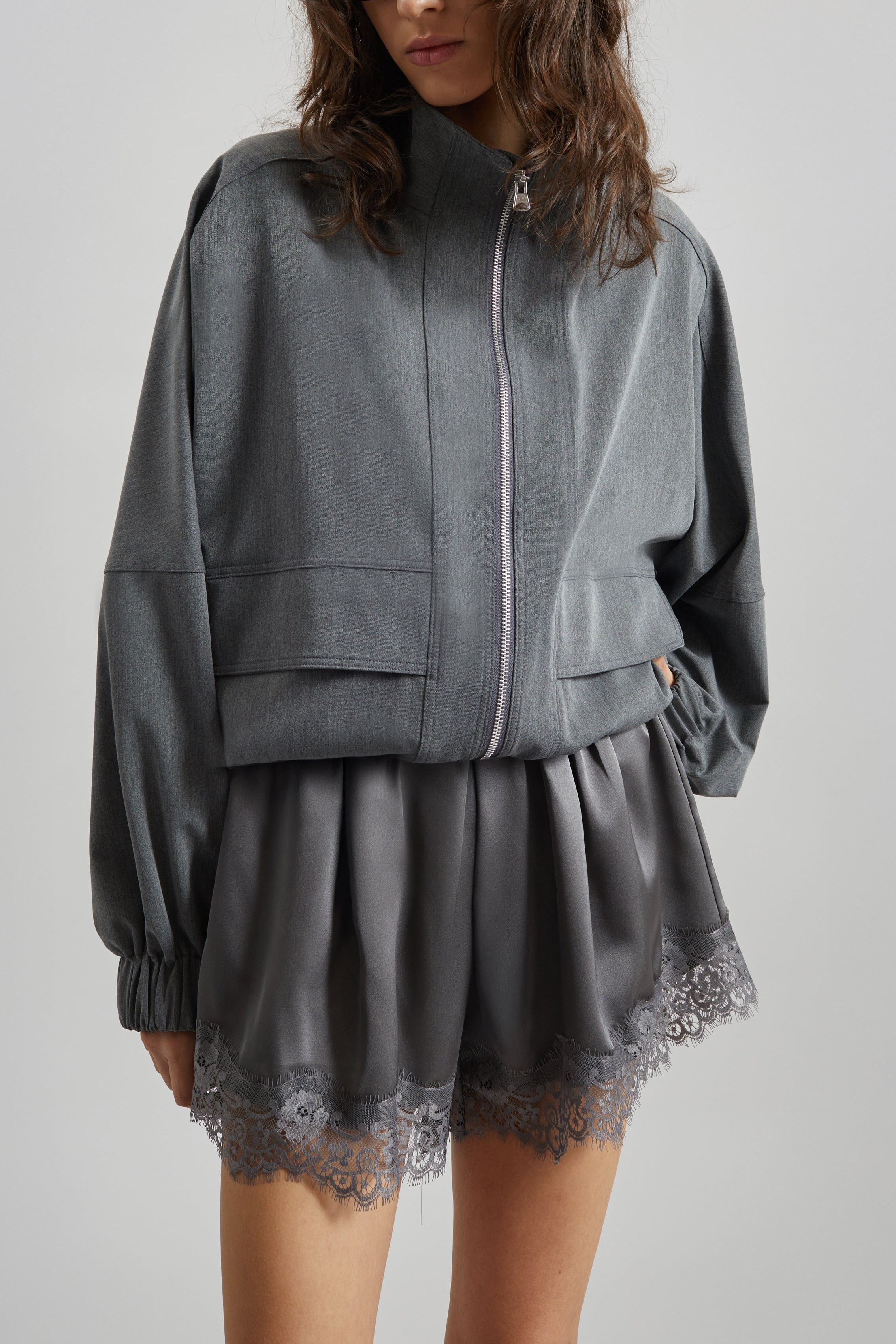 Mylah Satin Lace Trim Shorts - Slate Grey