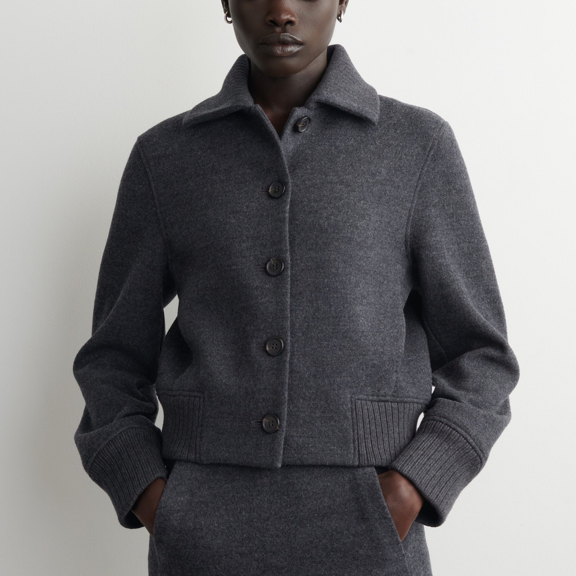 Ribbed-Collar Boiled Merino Wool Jacket