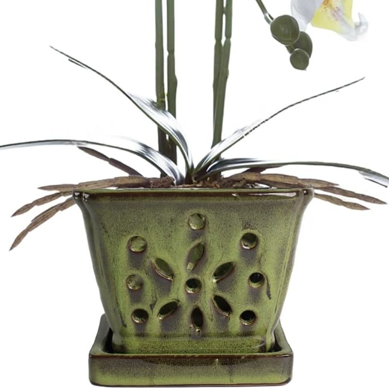 Vensovo 5.5 Inch Orchid Pot With Holes Rectangular for Repotting, Ceramic Orchid Planter Indoor/outdoor Use With Enhanced Airflow &amp;amp; Drainage, Green