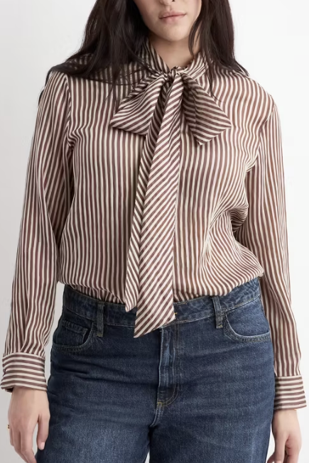 MANGO, Striped Blouse With Tie Neck Collar - Women | Mango Usa