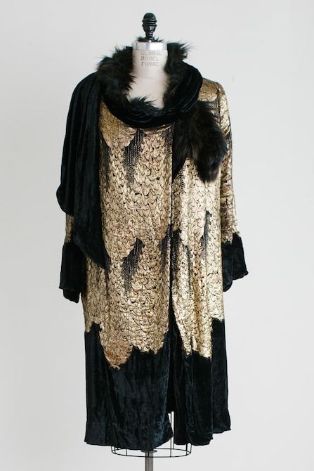 1920s Antique Art Deco Rare Spectacular Vintage Black Velvet Gold Lam&amp;eacute; &amp;amp; Fox Fur Collar Jacket Cocoon Coat With Shawl by Mary Sachs