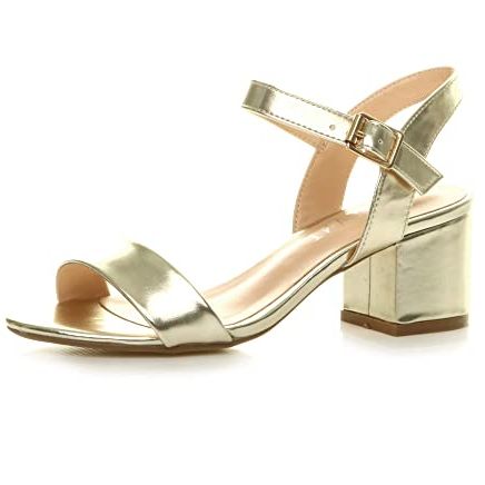 Ajvani Women Ladies Low Block Heel Peep Toe Ankle Strap Strappy Party Sandals - Gold Metallic - 5 Uk