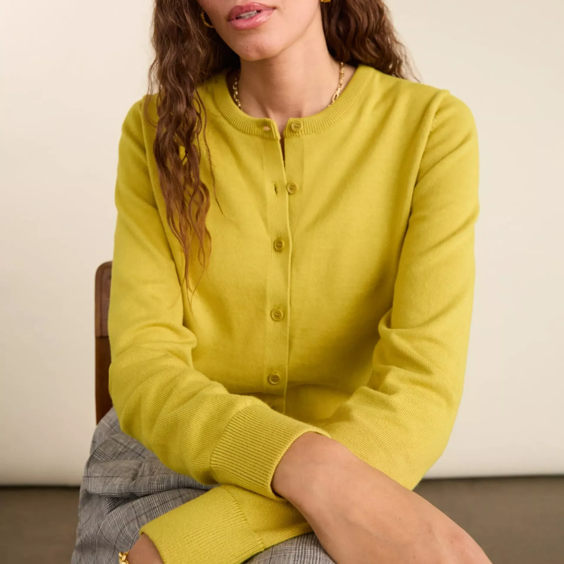 Baukjen Briar Crew Neck Wool Rich Cardigan, Chartreuse