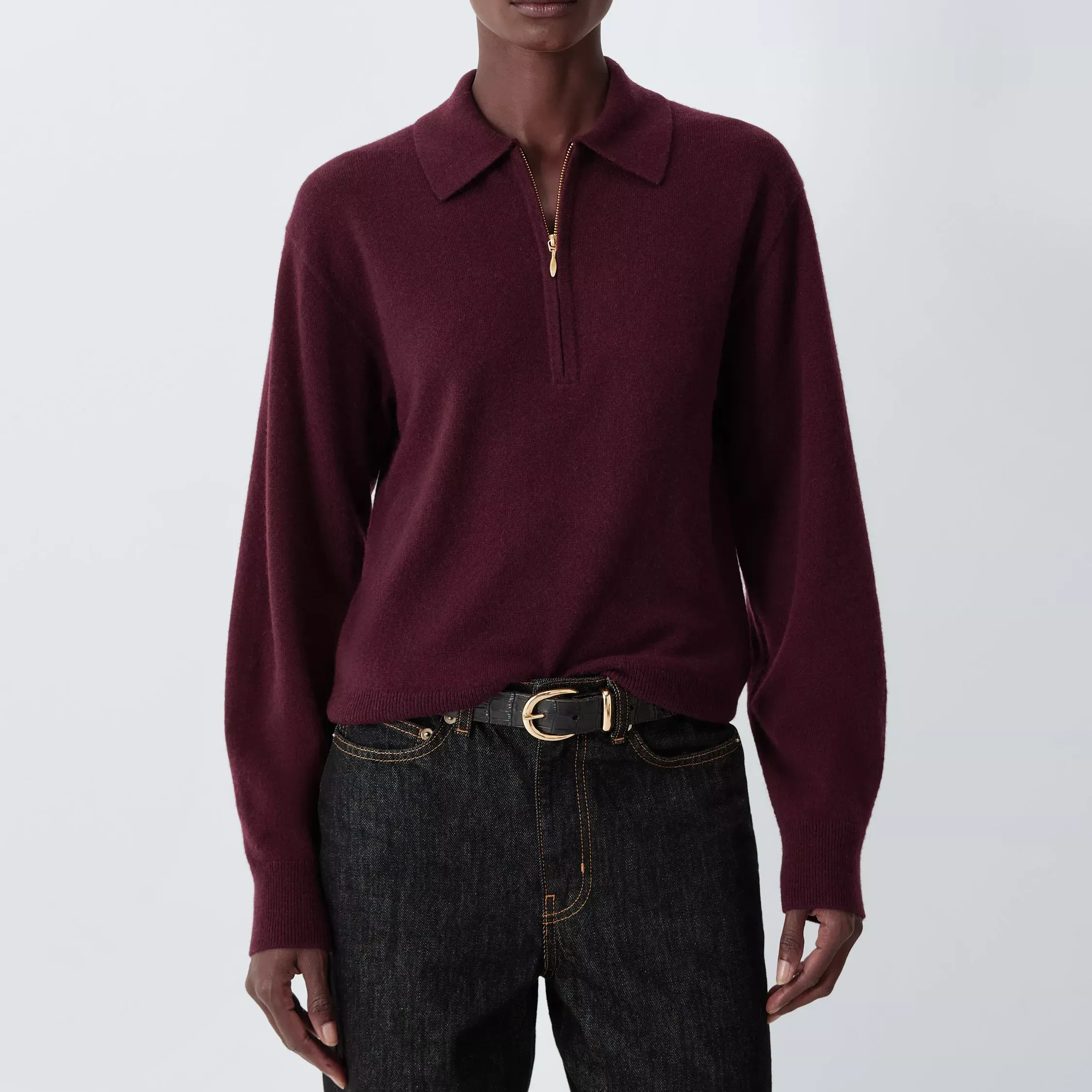 John Lewis Cashmere Zip Neck Collar Jumper, Chocolate