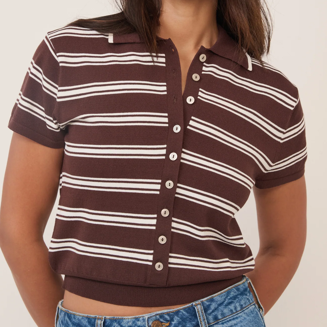 Nobody's Child, Brown Striped Knitted Polo Top