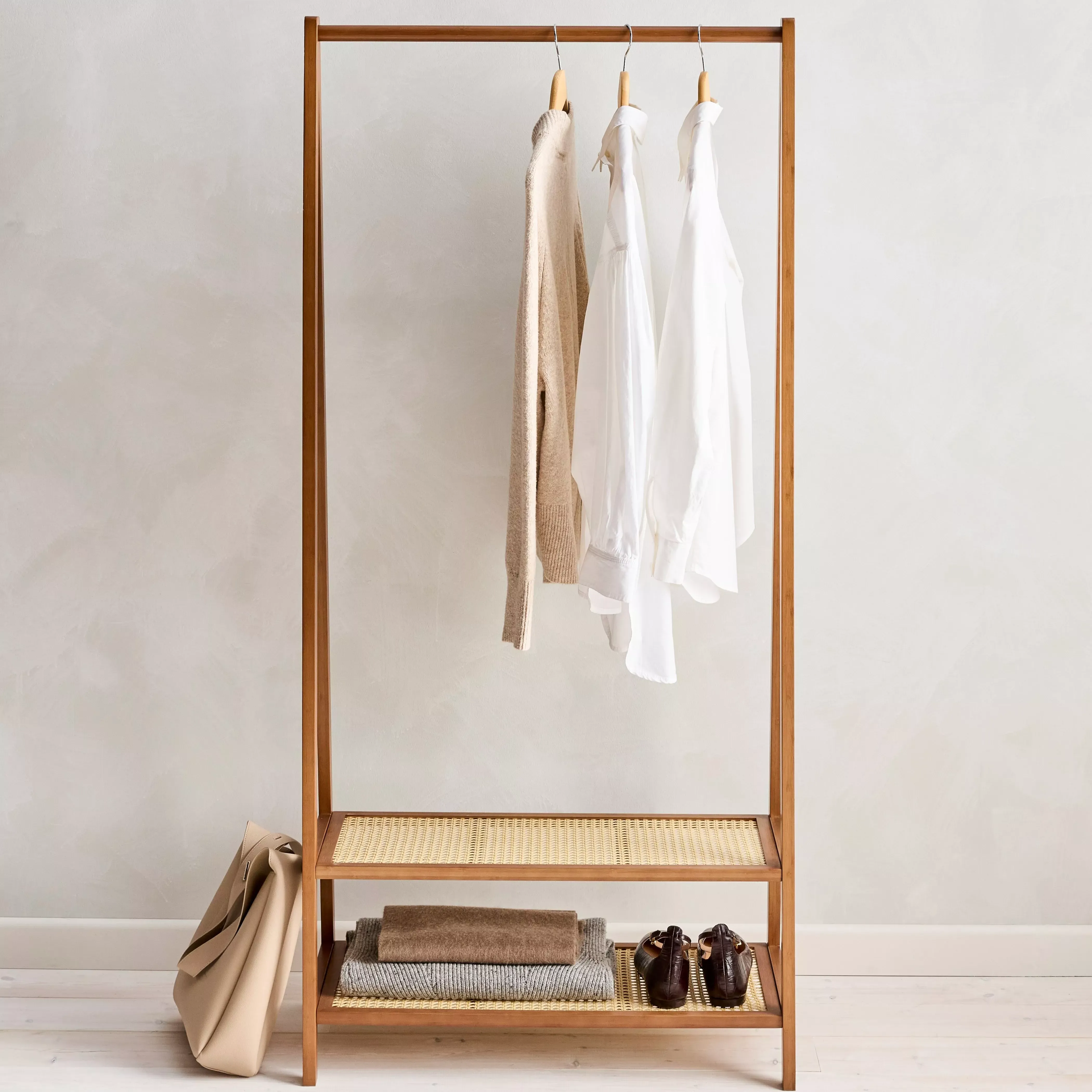 John Lewis Poly Rattan and Bamboo Clothes Rail, Cherry Wood