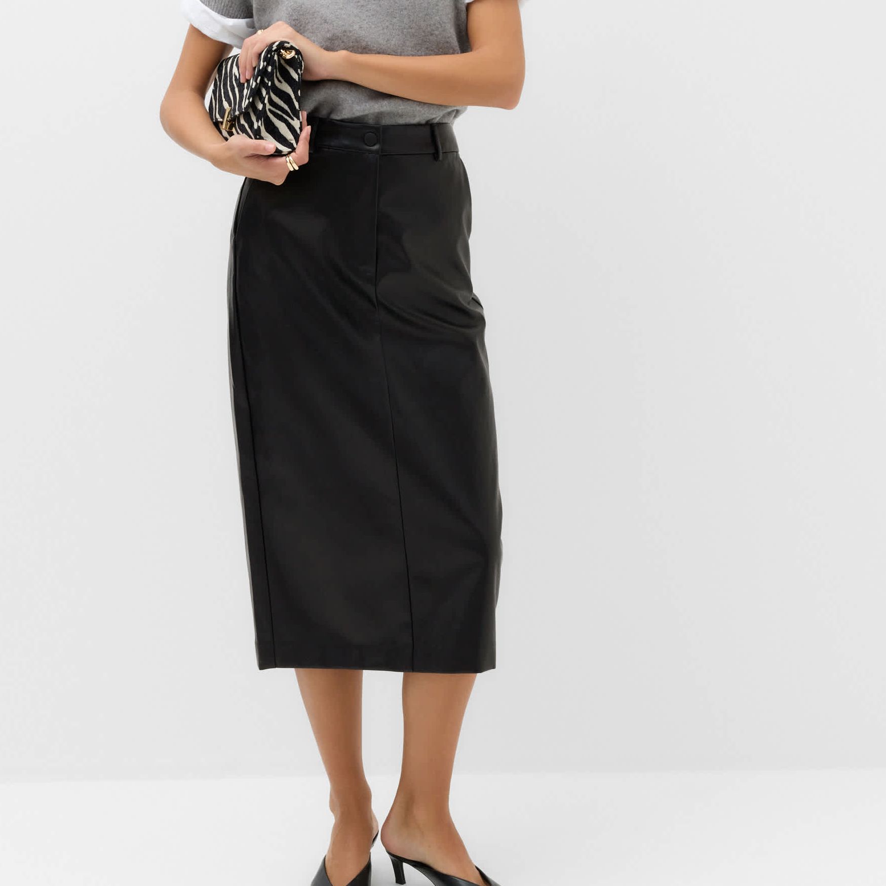 Leather Look Split Back Midi Skirt