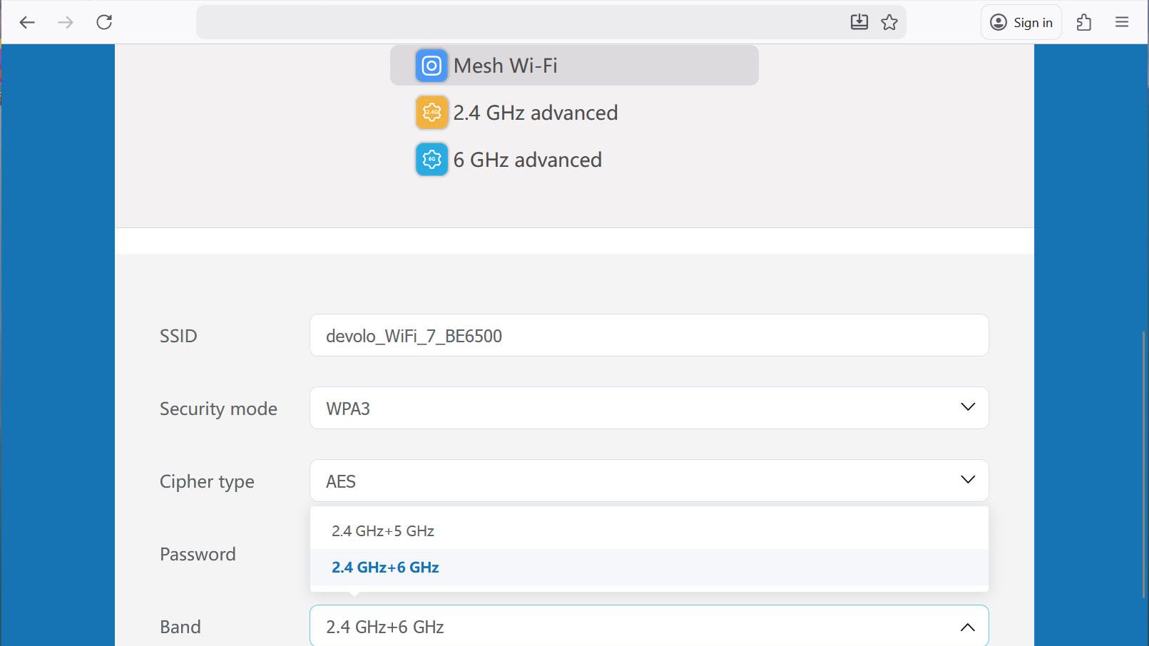 Devolo WiFi 7 Mesh BE6500 browser interface