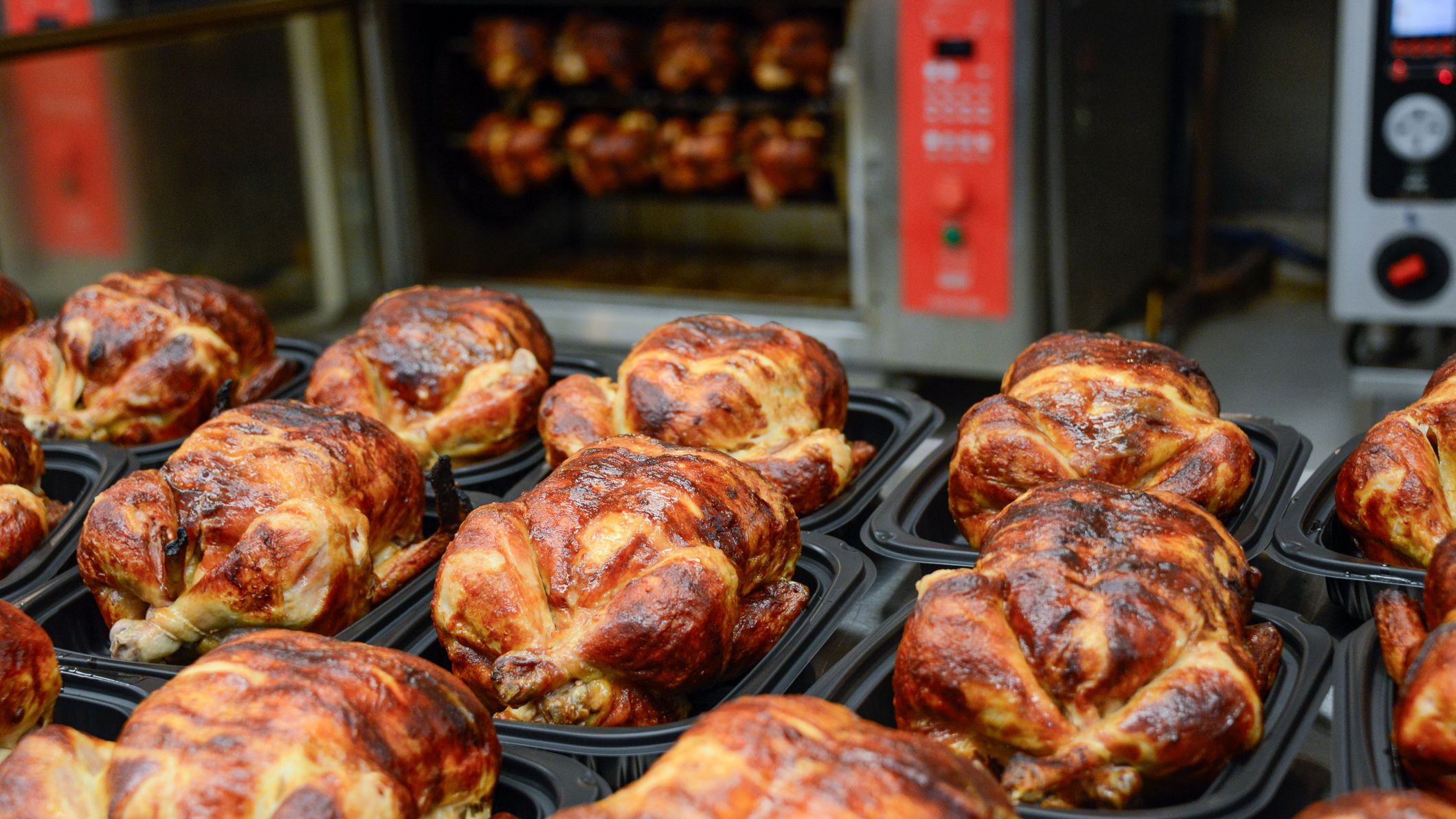 Roasted chickens for sale at a local super market