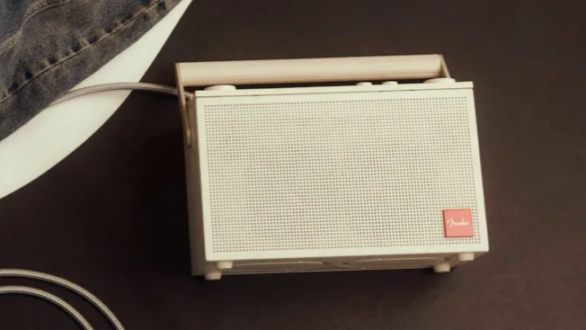 Fender ELIE speaker in cream, in a hi-fi room
