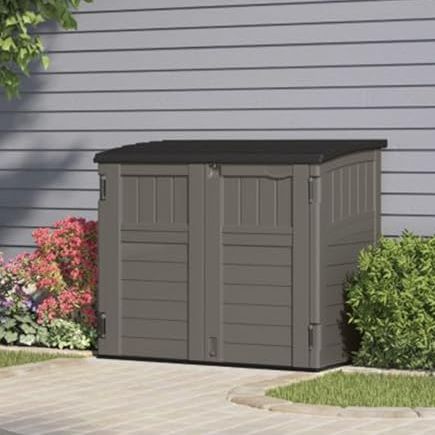 Suncast 34 Cu Ft Horizontal Resin Storage Shed - Outdoor Storage Shed With Floor Included, Lockable, Weatherproof, Fits Small to Medium Trash Cans, Generators, &amp;amp; Garden Tools, Stoney Black