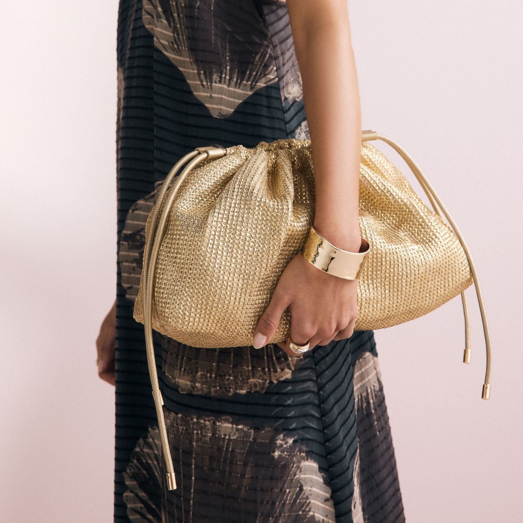 Gold Raffia Oversized Ruched Clutch Bag