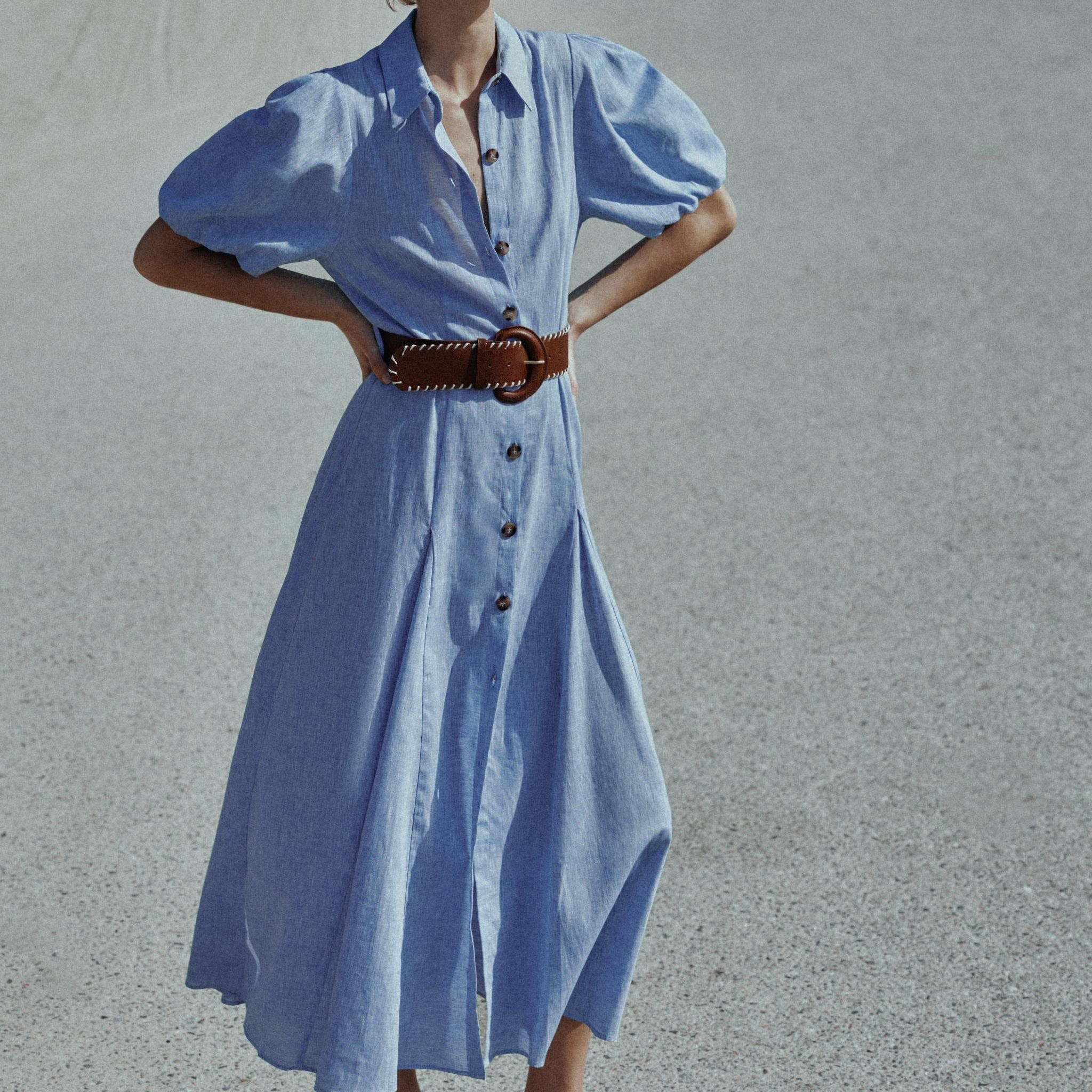 Midi Linen Blend Dress With Belt