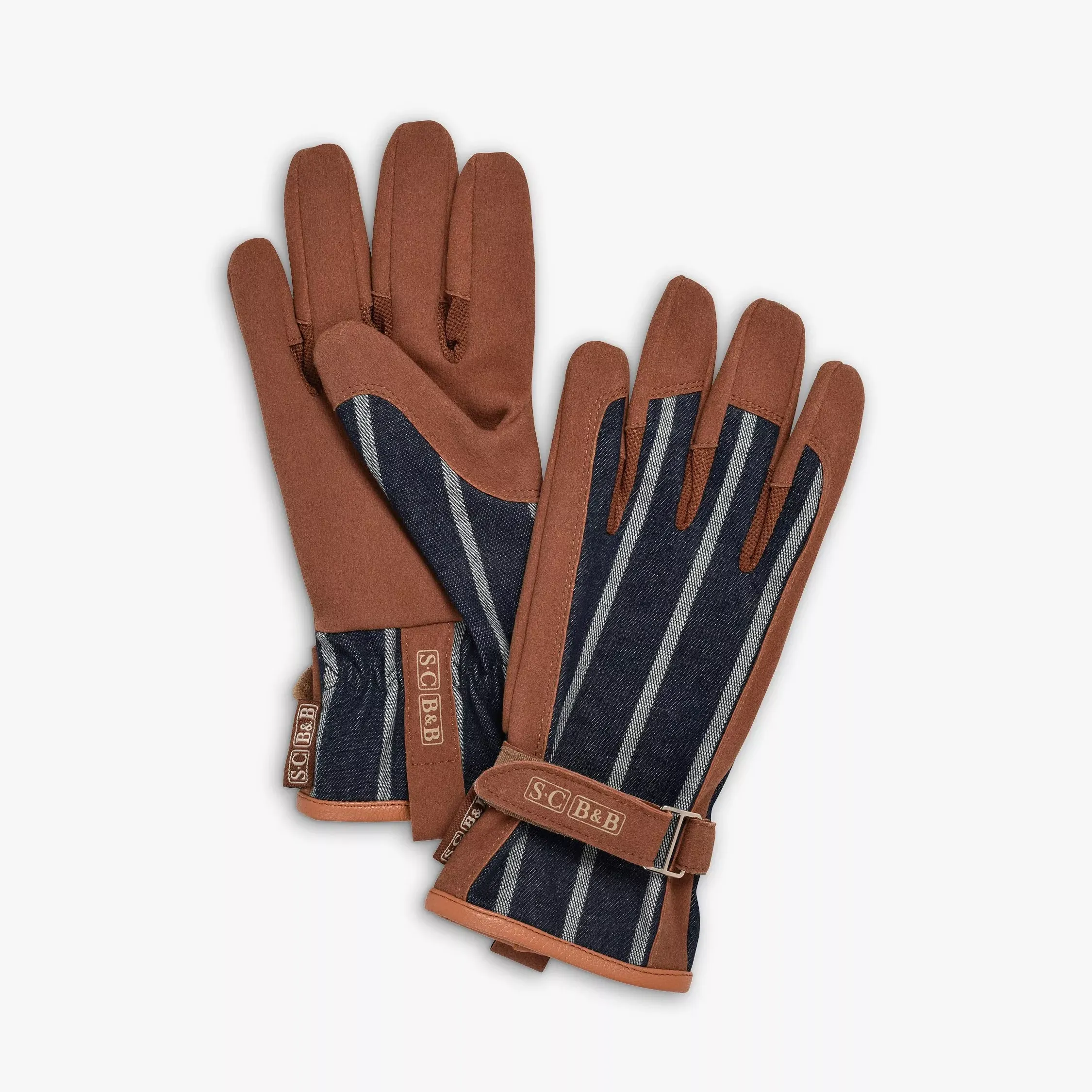 Sophie Conran for Burgon &amp;amp; Ball Leather Trim Striped Gardening Gloves, Brown/blue