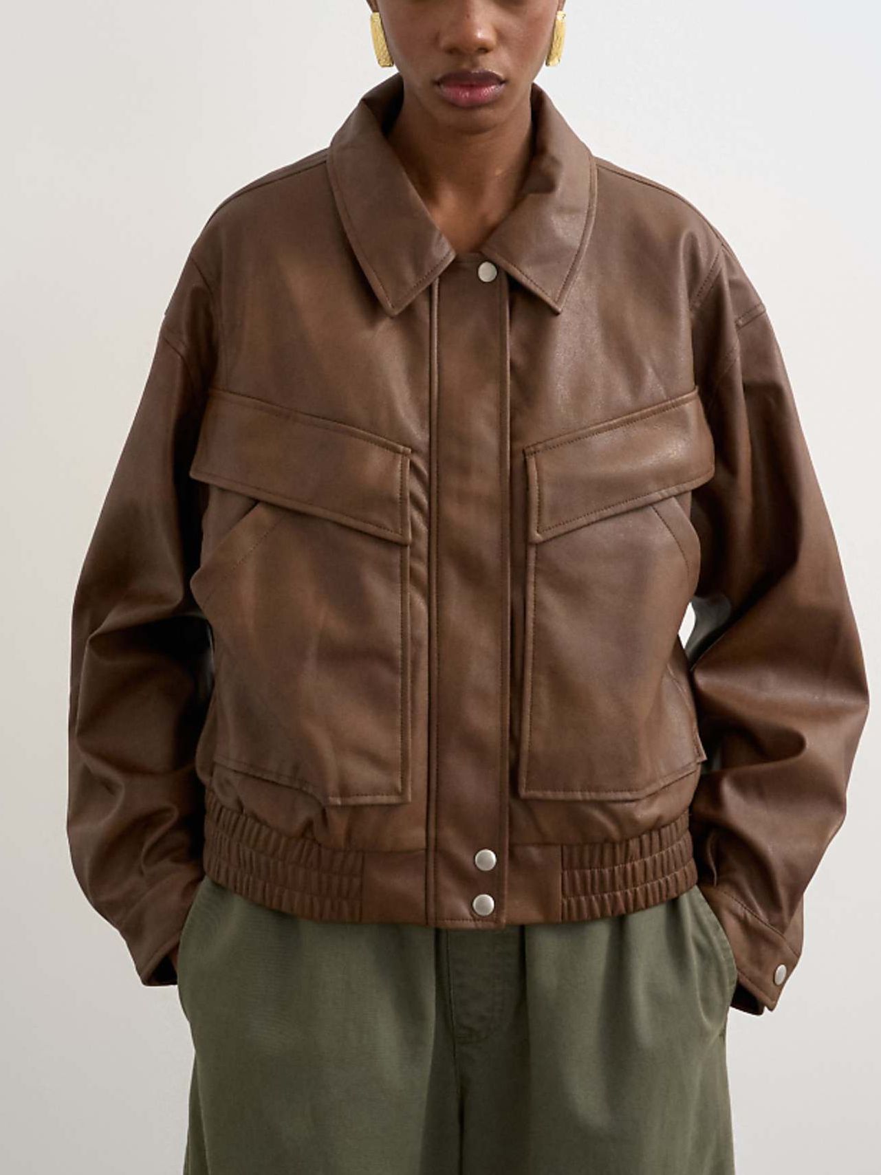 Topshop Faux Leather Boxy Zip Up Pocketed Bomber Jacket in Washed Brown