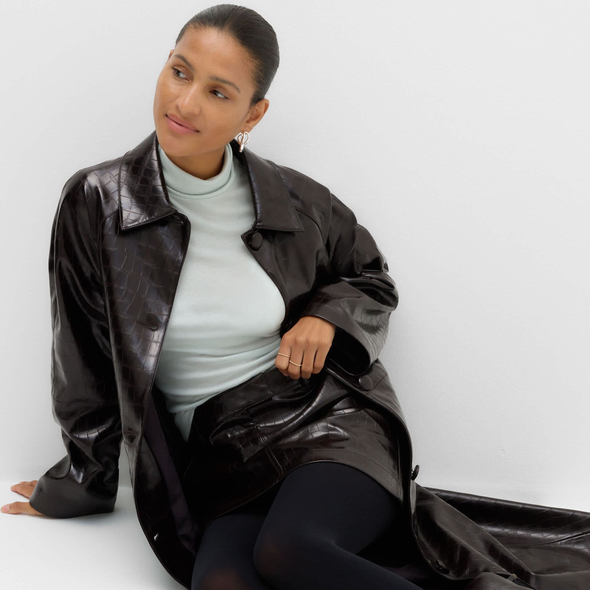 Faux Leather Croc Effect Longline Car Coat