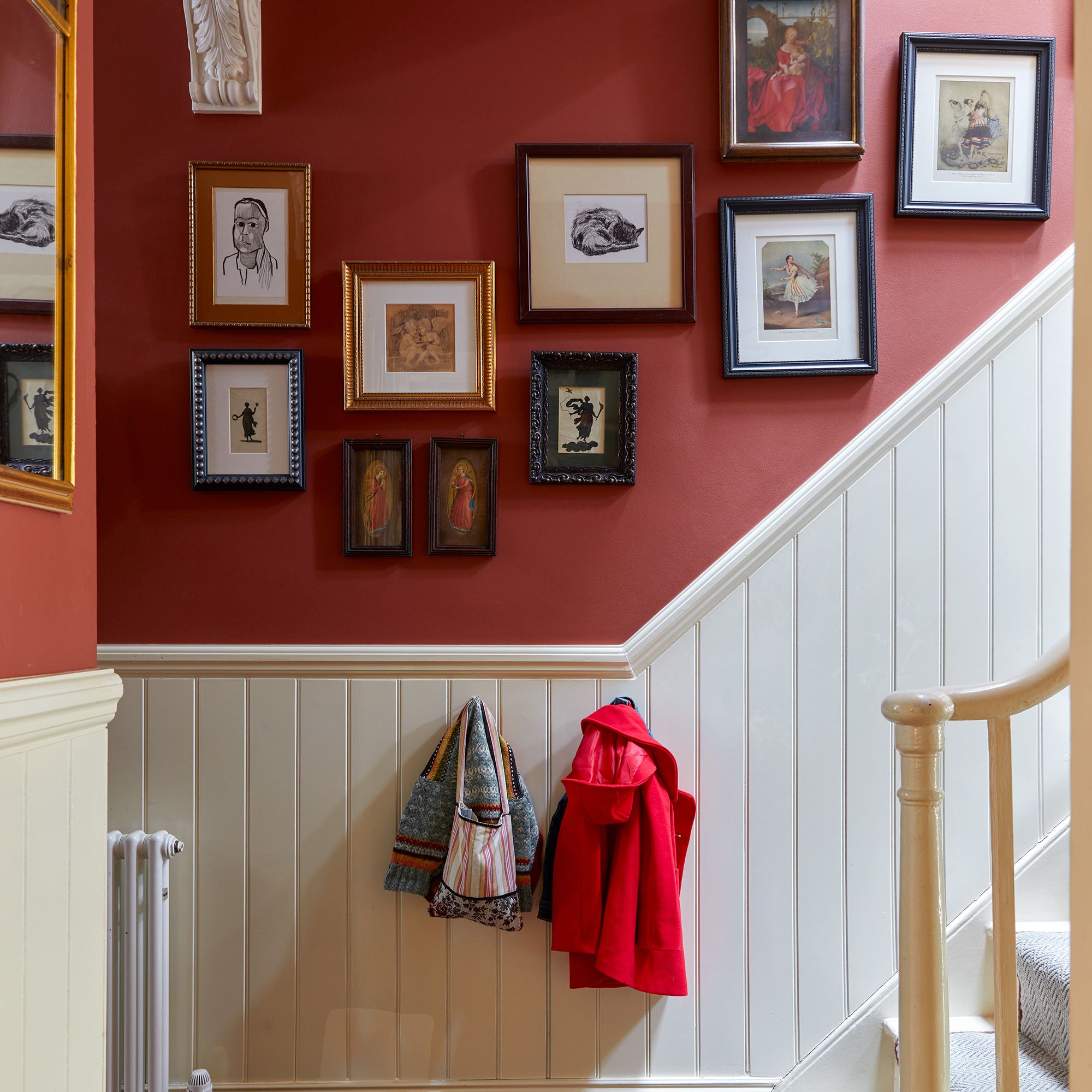 red and white hallway with half height tongue and groove wall panelling