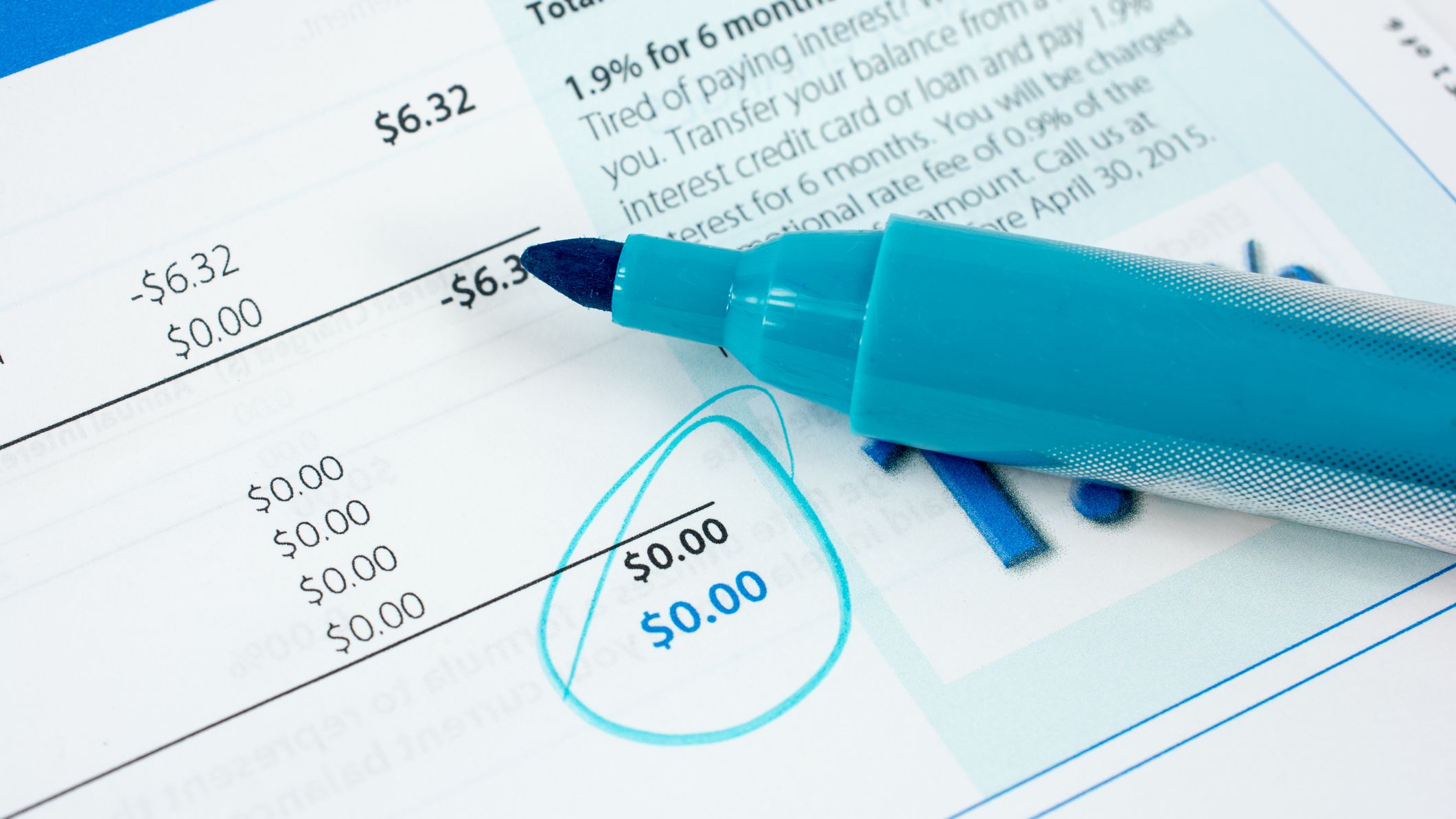 A credit card monthly statement showing zero balance.