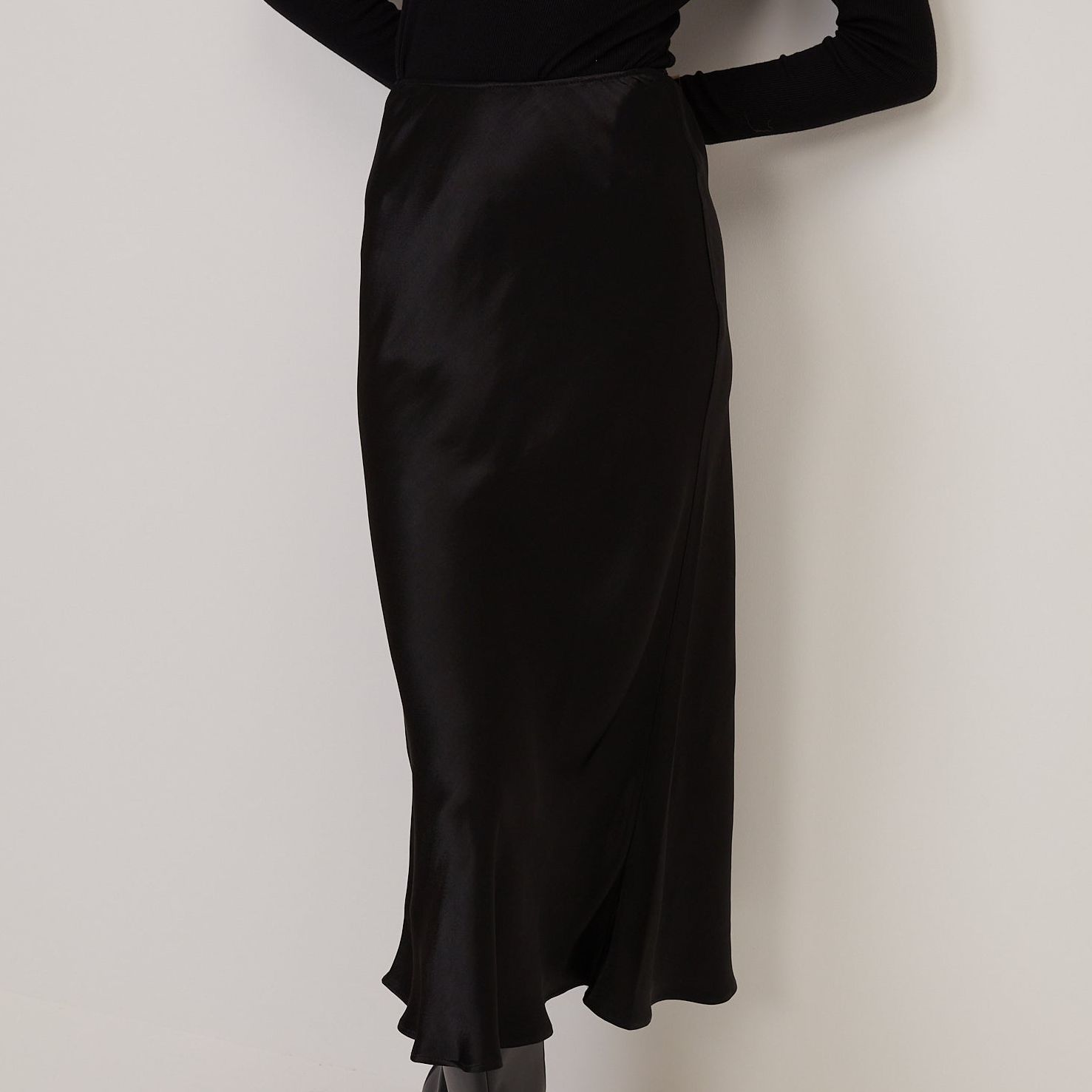 Black Satin Mila Midi Slip Skirt