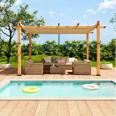 Riedhoff 10 X 13 Ft Wood-Grain Aluminum Outdoor Pergola With Retractable Canopy Sun Shade,khaki
