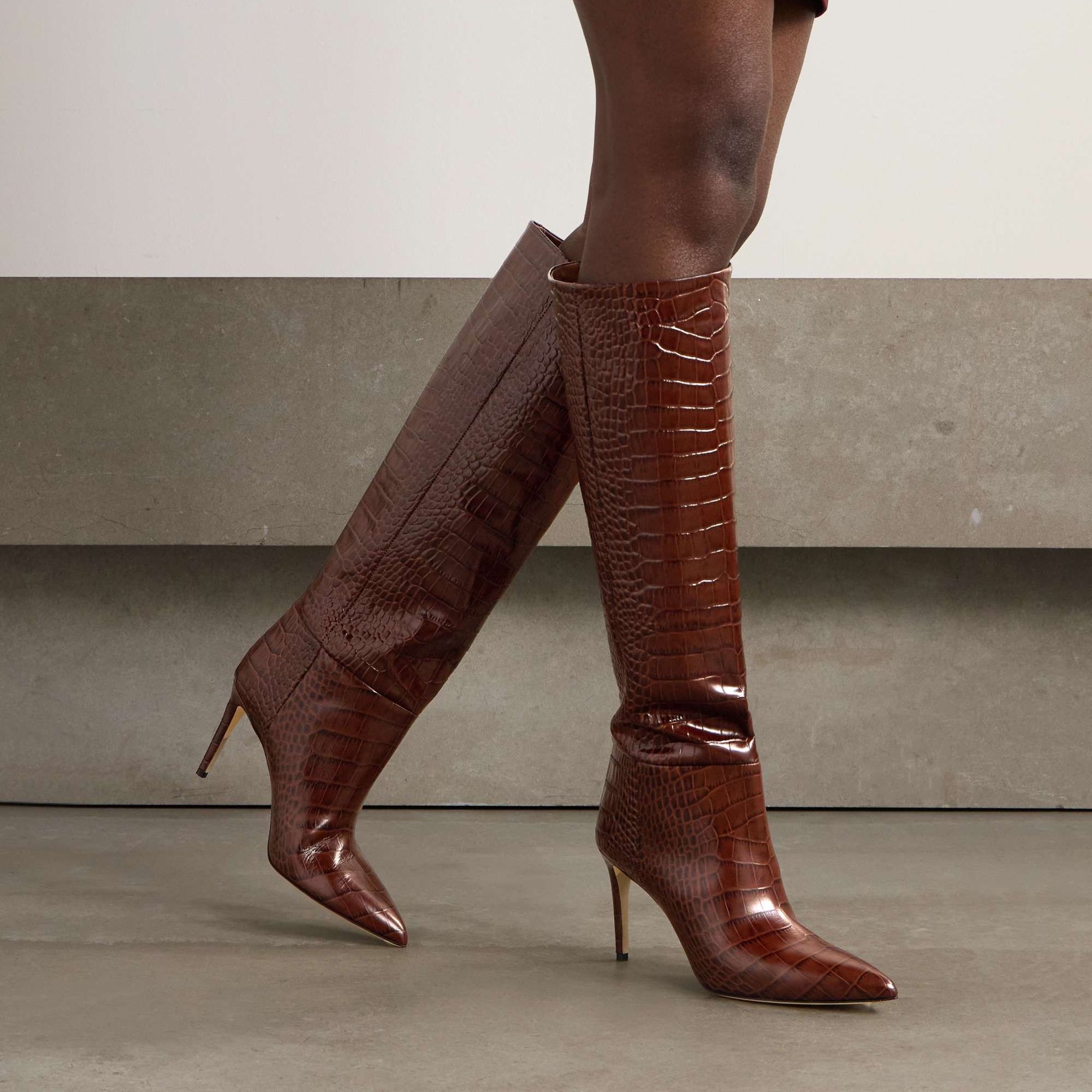Stiletto Croc-Effect Leather Knee Boots