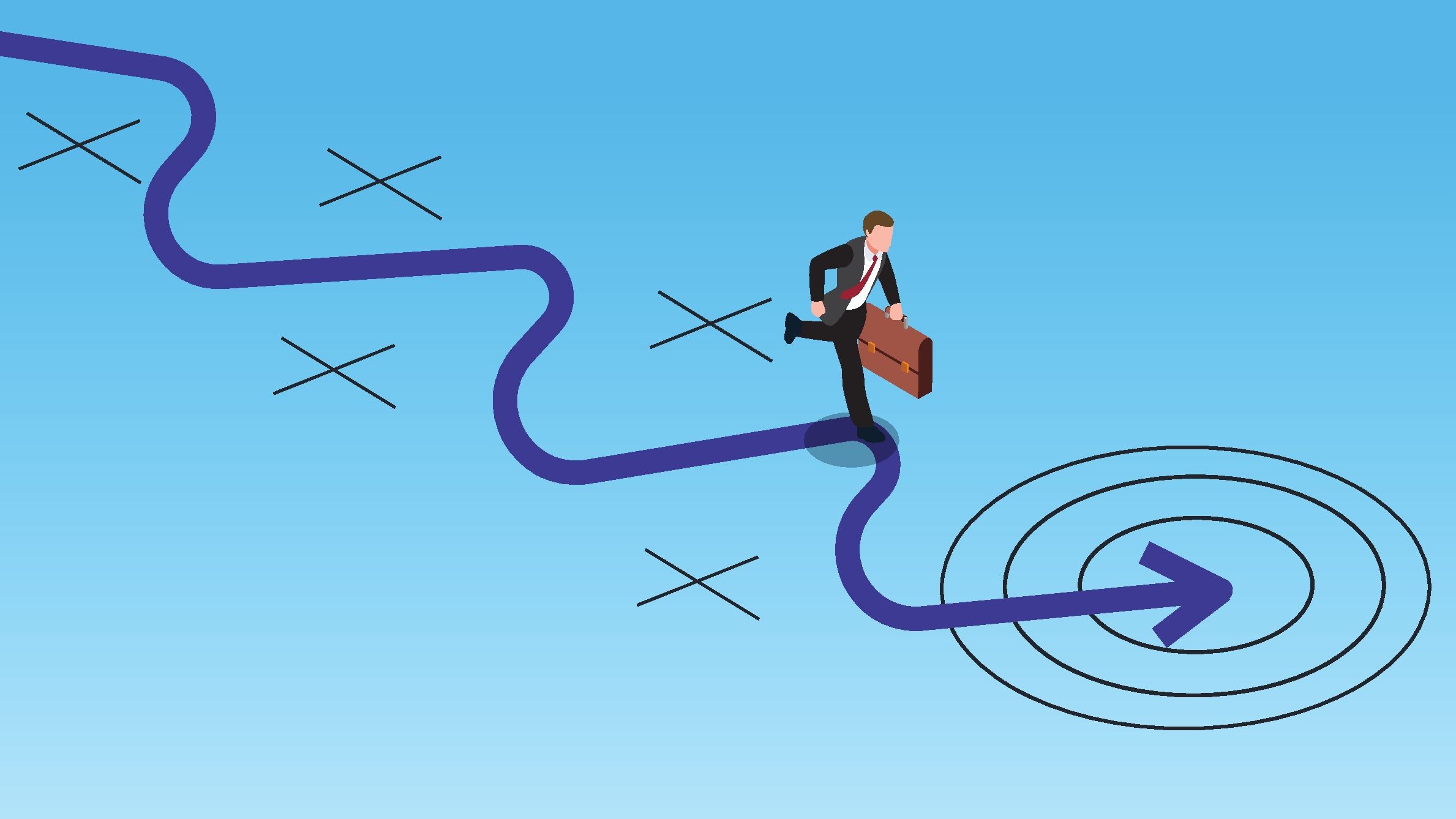 Businessman Following Winding Path to Target