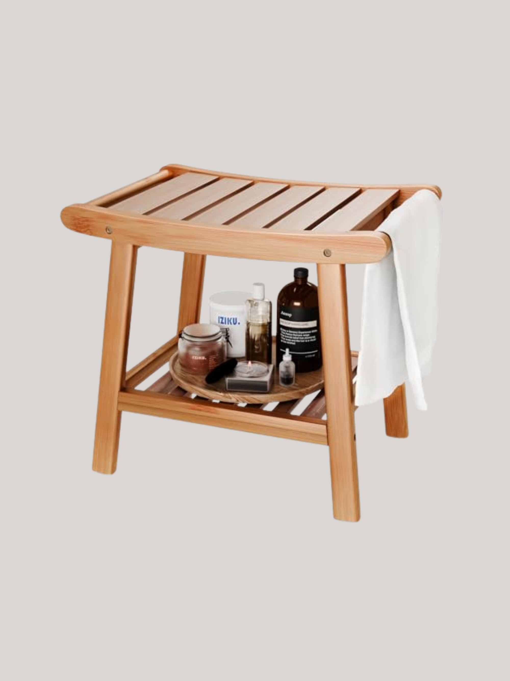 Bamboo Shower Stool, 2-Tier Bath Stool Shower Seat With Storage Shelf and Non-Slip Feet, Corner Bath Bathroom Stool With Starage Shelf for Inside Small Shower Spaces