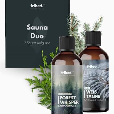 Frihed. Sauna Infusion Duo Coniferous Forest - Highly Concentrated Cedar &amp;amp; White Fir Sauna Oil - Gift Set for Sauna Lovers - 100 Ml Glass Bottles - Made in L&amp;uuml;neburg