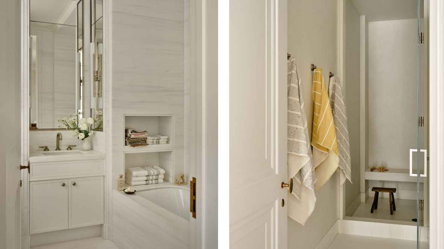 two shots next to each other. On the left, a pared back bathroom with a bath surrounded in marble tiles. On the right, a shower with a tadelakt wall