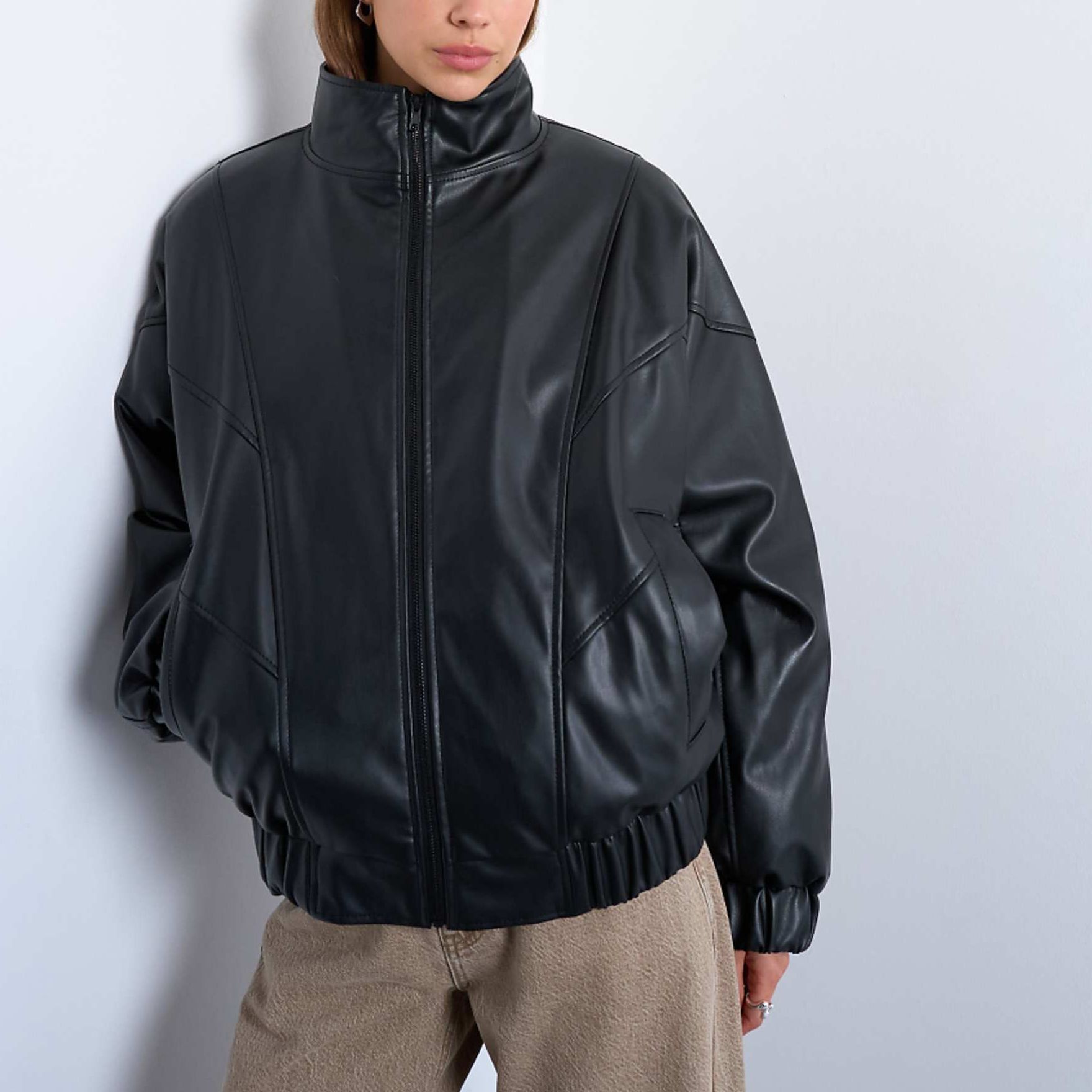 Topshop Faux Leather Funnel Padded Seam Detail Bomber Jacket in Black
