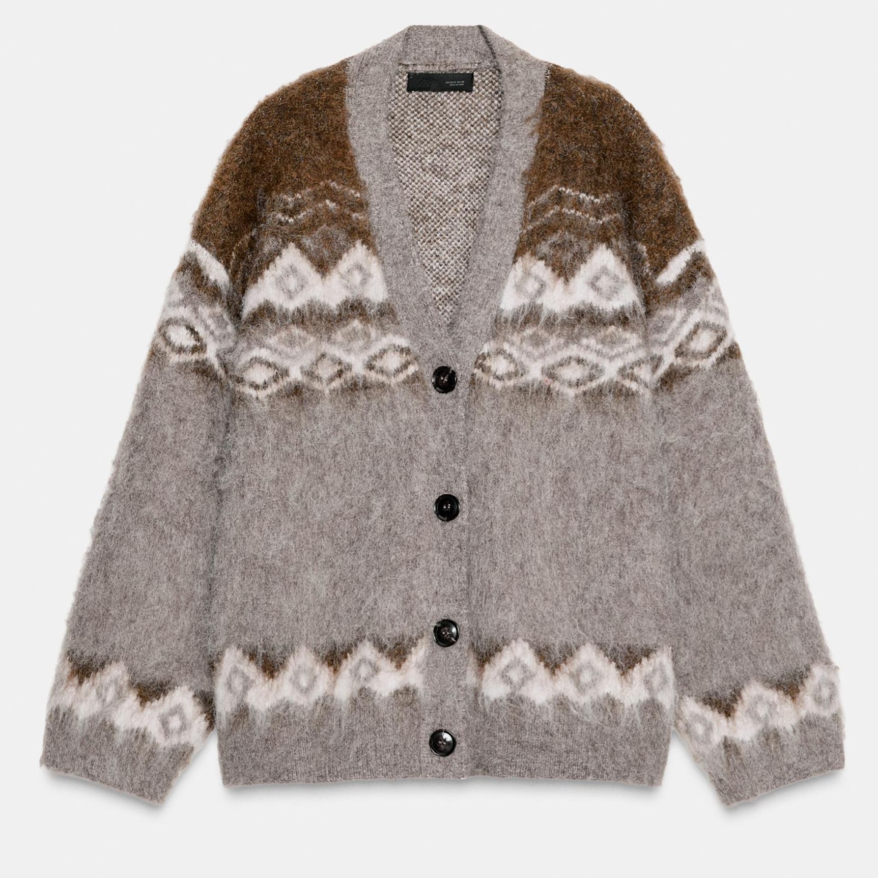 Brushed Effect Jacquard Knit Cardigan