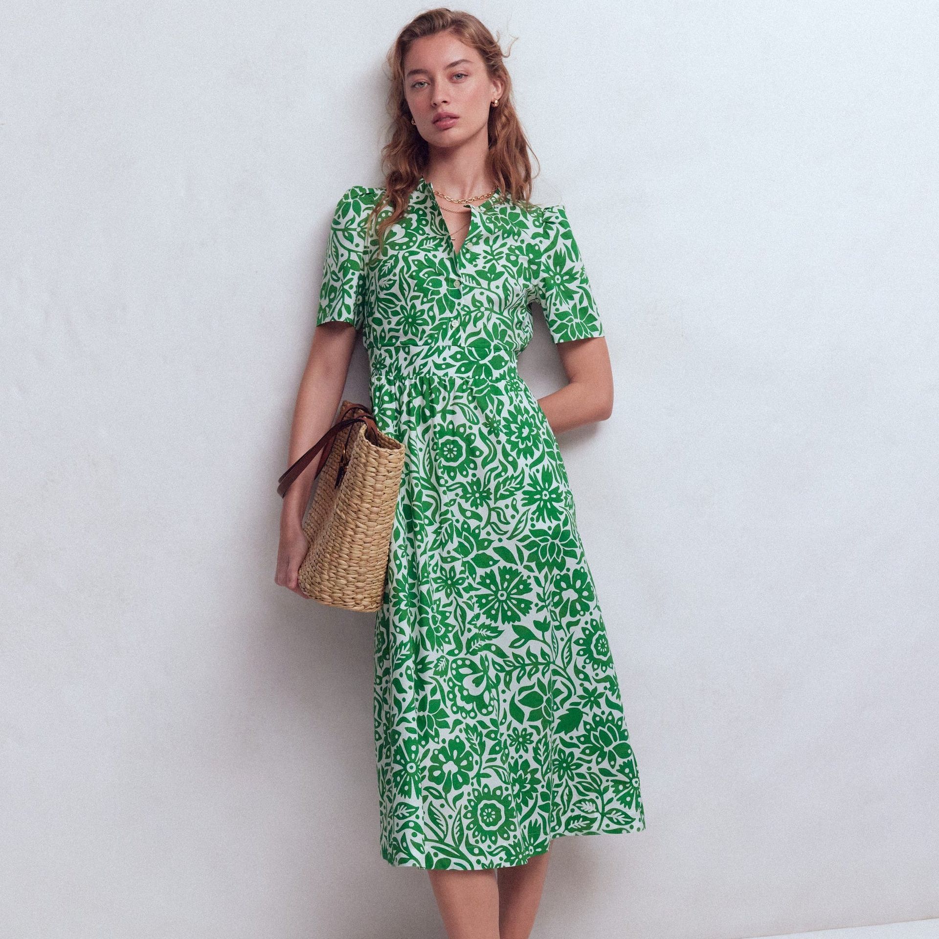 Ivy Button Cotton Midi Dress-Verdant Green, Meadow Scatter