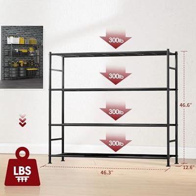 Sakugi Storage Shelves - 4 Tier Shelf Organizer, Heavy Duty Garage Shelving Unit With Leveling Feet, Stable Metal Shelves Organizer for Pantry, Kitchen and Closet, 46.3&quot; W X 12.6&quot; D X 46.6&quot; H, Black