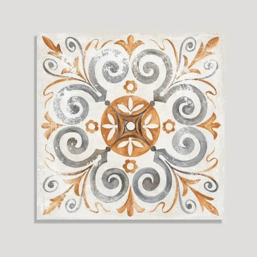 off-white tile with grey and orange pattern