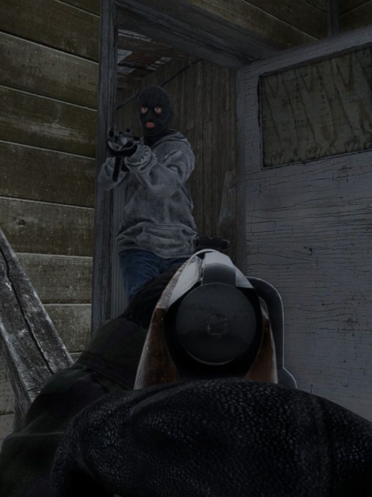 A player points a Mosin rifle at a bandit emerging from a house in Road to Vostok.