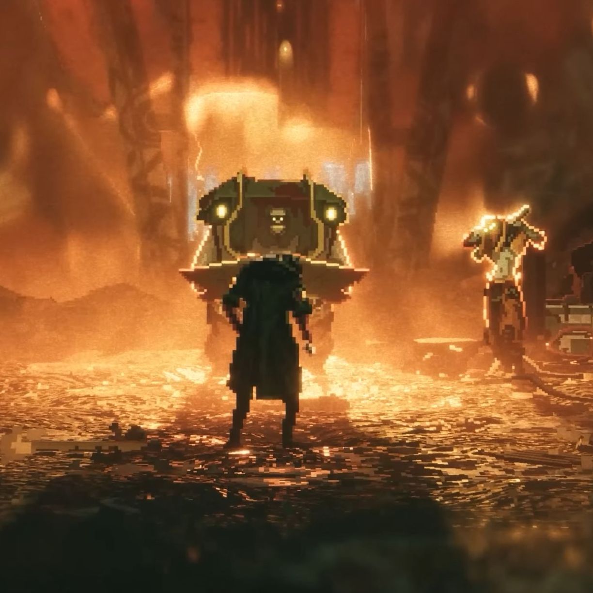 Replaced - a human standing up to fight riot cops and robotic enemies surrounded by fire