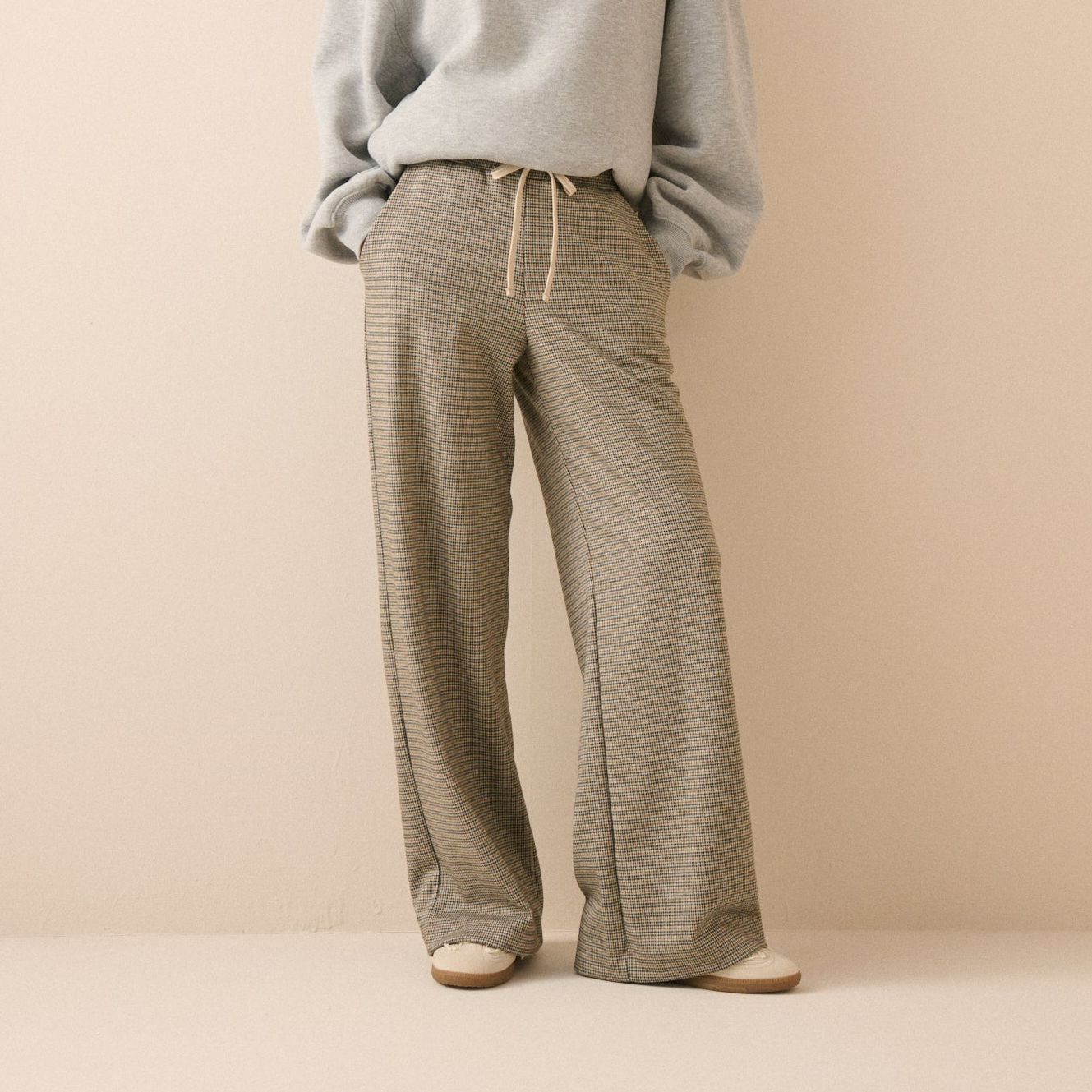 Beige Houndstooth Wide Leg Trousers