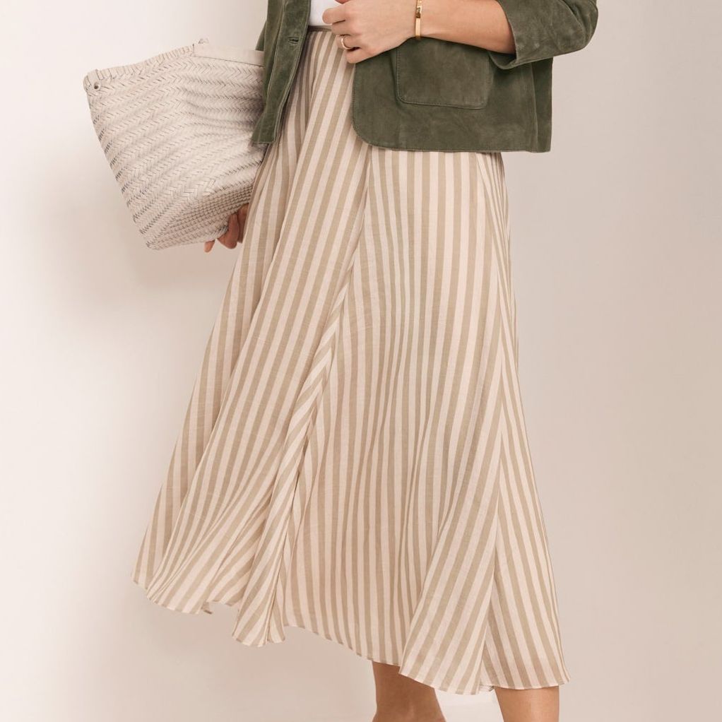 Green Striped a Line Midi Skirt