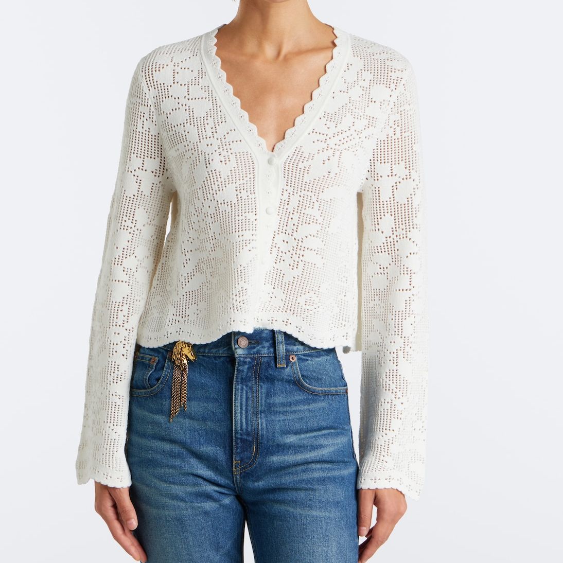 Pointelle Scalloped Cotton Cardigan in White - Chloe