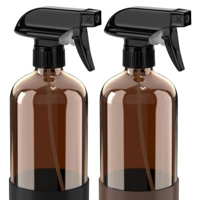 Bontip Glass Spray Bottle With Silicone Sleeve Protection, Amber Glass Spray Bottle Set for Window Cleaner Aromatherapy Facial Hydration Watering Flowers Hair Care 2 Pack/16 Oz (black &amp;amp; Brown)