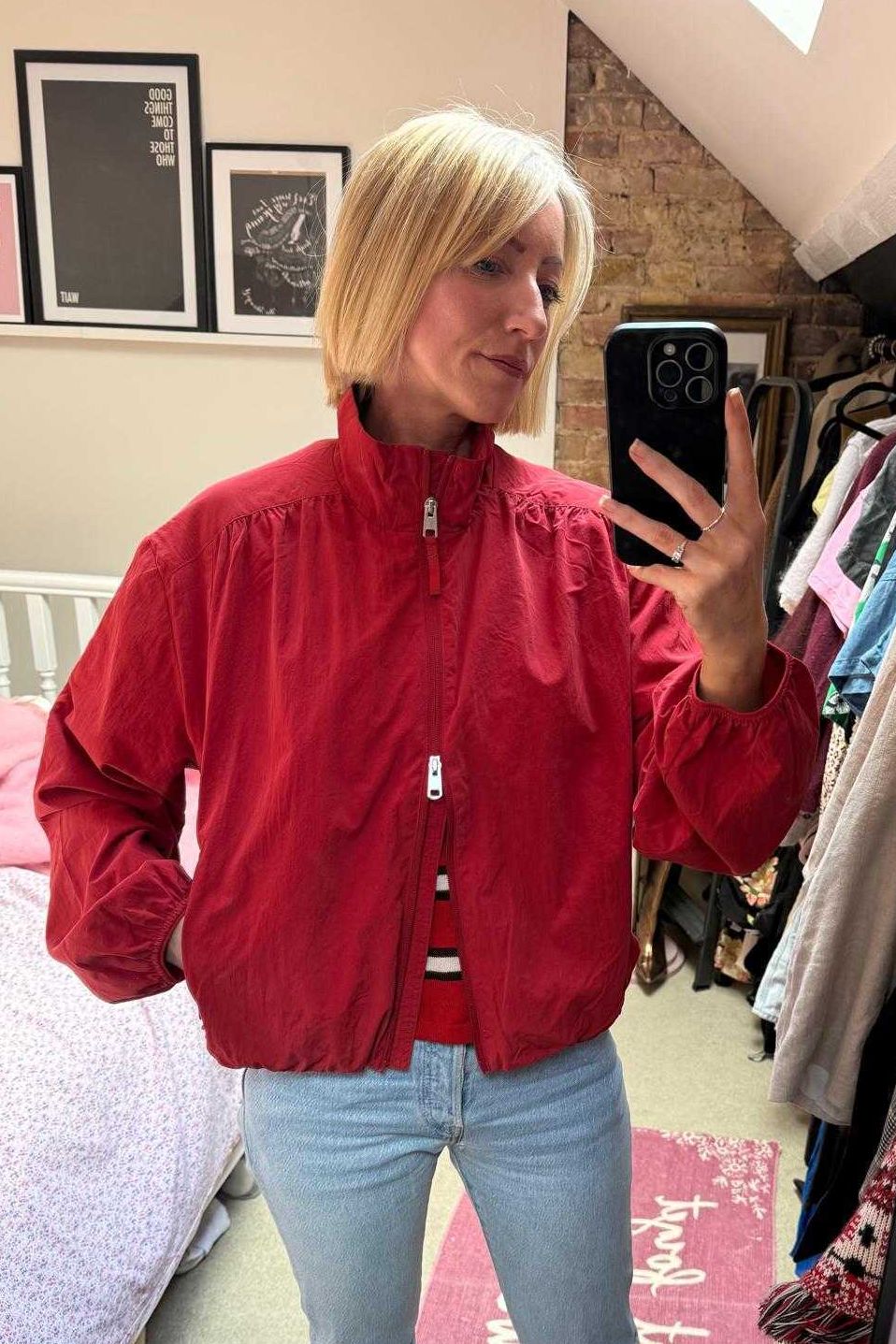 Tamara Kelly in a red M&amp;amp;S jacket