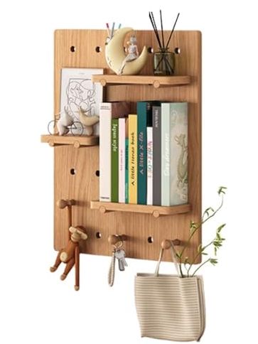 Wood Pegboard Wall Organizer Kit With Floating Shelves - Storage Solution for Living Room, Office, or Entrance
