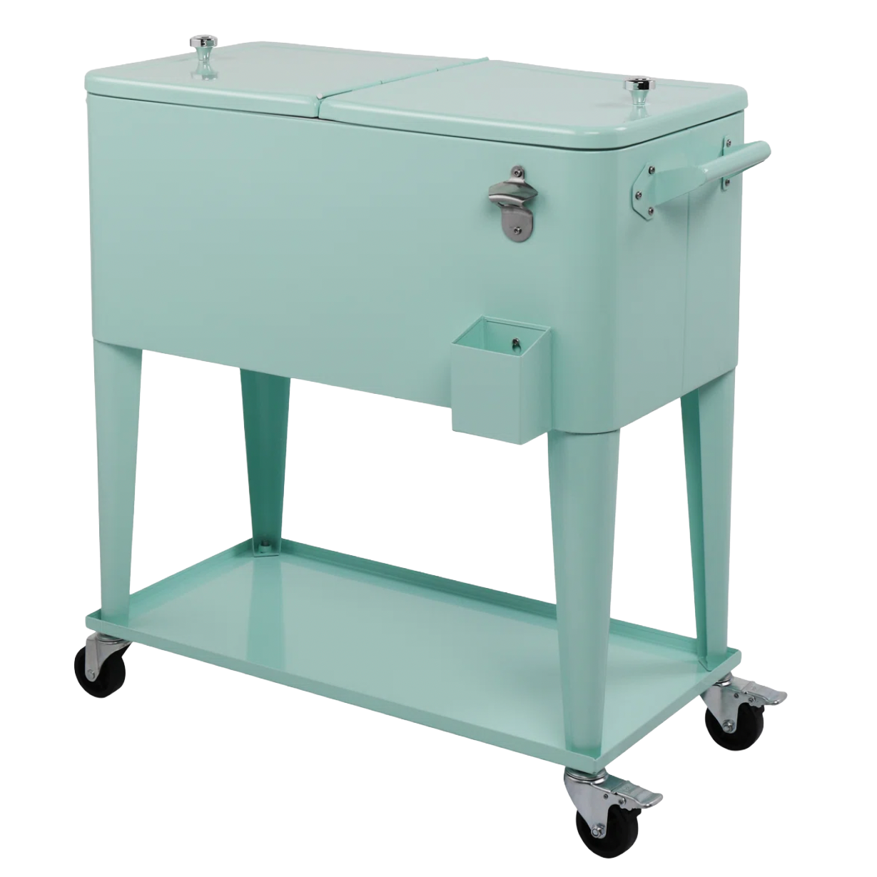 mint green cool box with shelf and wheeled legs