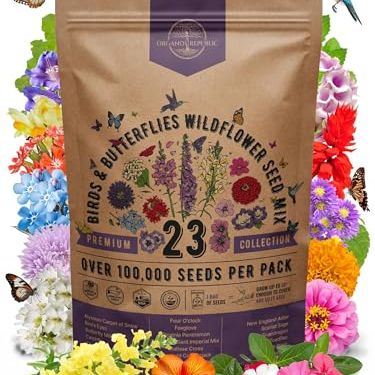 Organo Republic 23 Wildflower Seeds Annual &amp;amp; Perennial Mix for Indoor &amp;amp; Outdoors, Attract Birds &amp;amp; Butterflies 100,000+ Non-Gmo, Heirloom Garden Seeds, 4oz Packet for Growing Wild Flowers