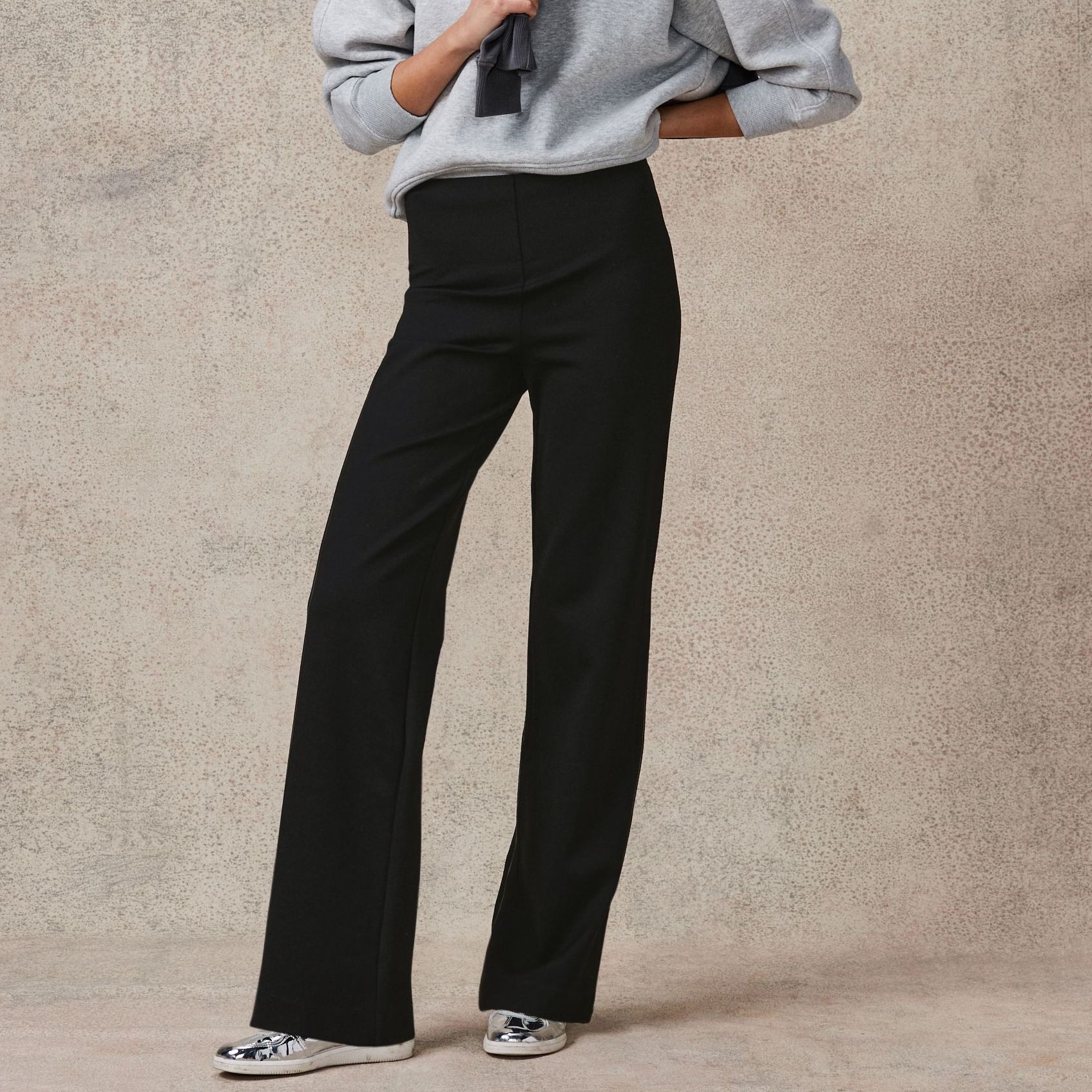 Black Smoothing Ponte Jersey Wide Leg Trousers - Size 6 R