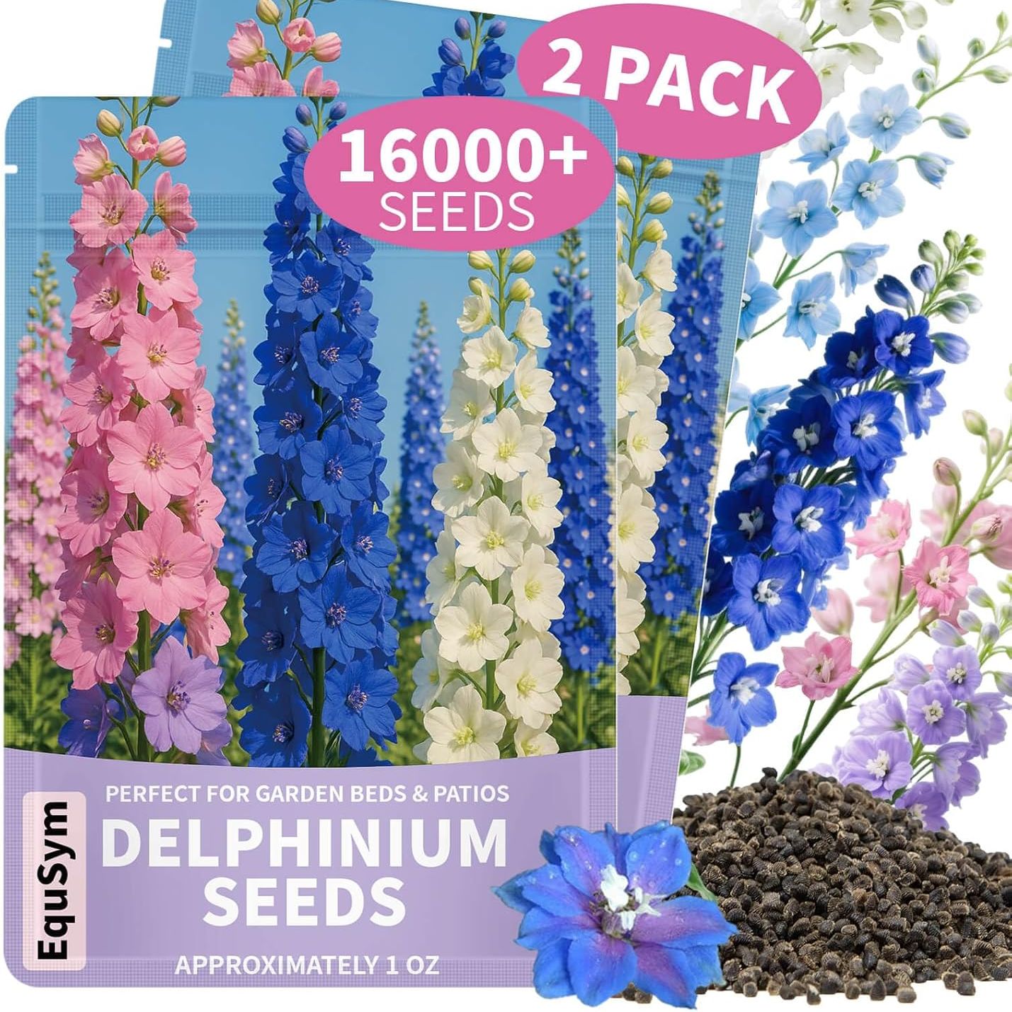 16000+ Delphinium Seeds Perennial - 2 Pack Mixed Color Larkspur Seeds for Planting Outdoors, Delphinium Plants Live, 2026 Flower Seed to Plant Outside, Non-Gmo, Garden Wildflower
