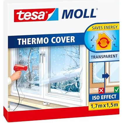 Tesamoll Thermo Cover Window Insulating Film - Transparent Insulating Foil for Thermal Insulation of Windows - Includes Double Sided Tape for Easy Installation - 1.7 M X 1.5 M
