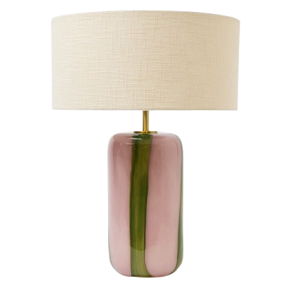 Pink and green striped lamp base on white background